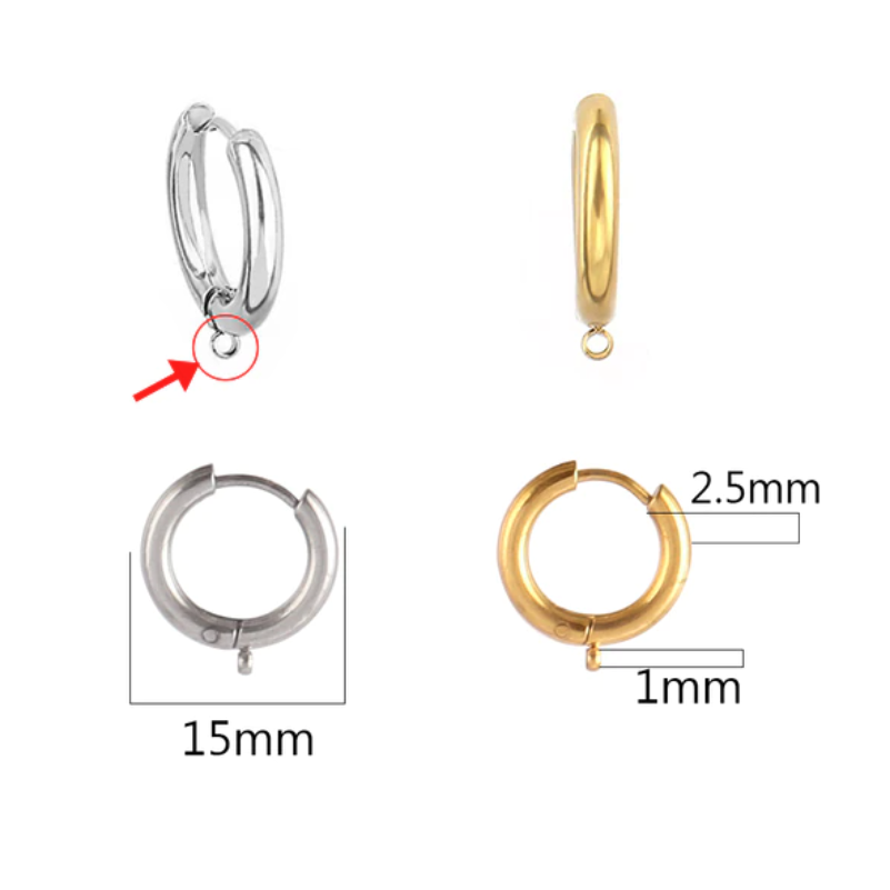 15mm Stainless Steel Smooth Earring Hoops - Set of 10