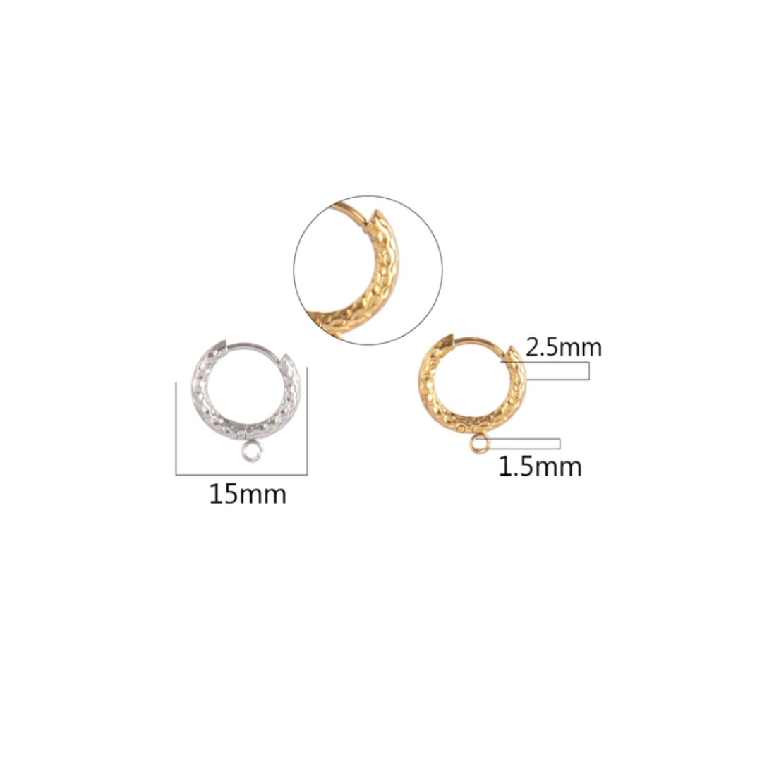 15mm Stainless Steel Hammered Earring Hoops - Set of 10